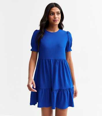 Blue Textured Short Sleeved Smock Dress