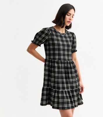 Black Crinkled Checked Mini Smock Dress