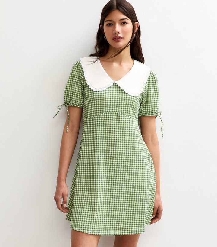 Green Gingham Check Contrast Collar Tie Sleeve Mini Dress