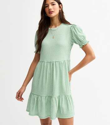 Green Gingham Smock Tiered Mini Dress