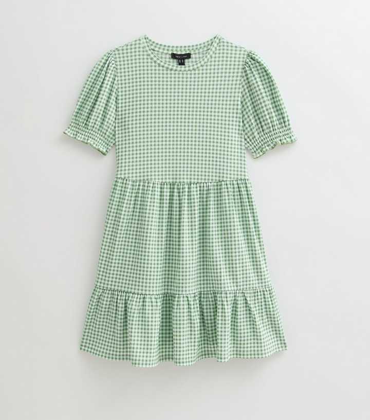 Green Gingham Smock Tiered Mini Dress