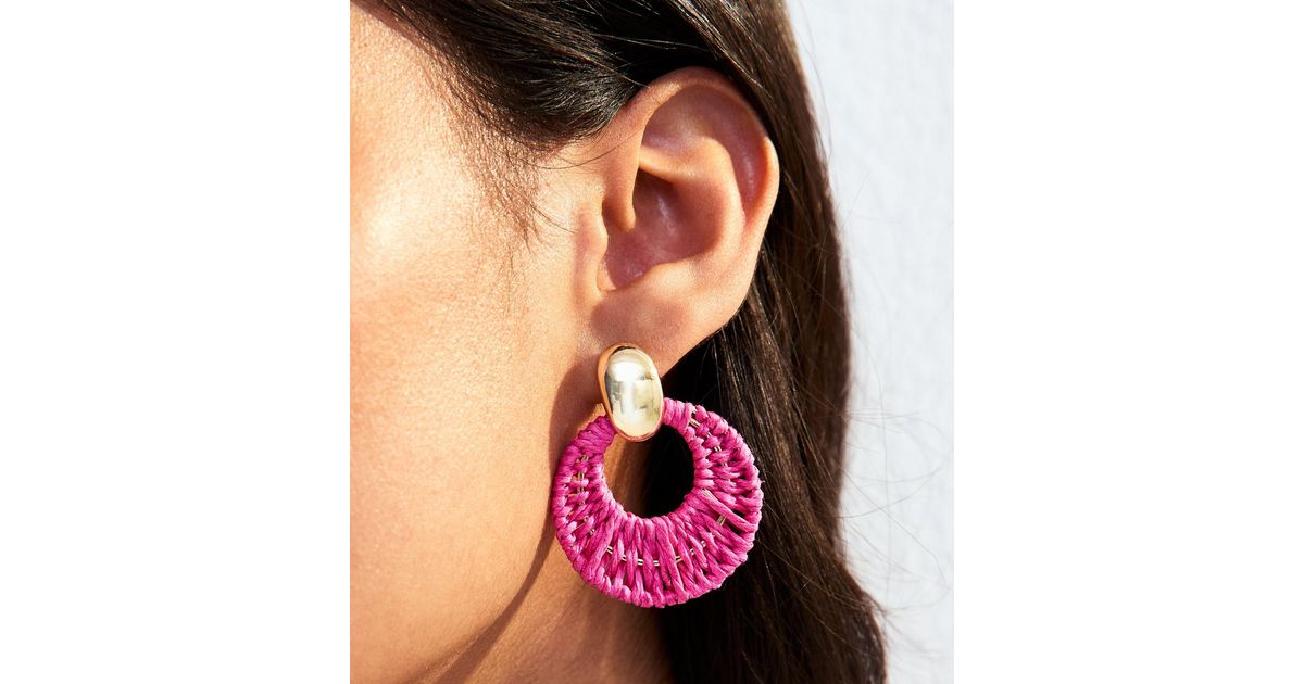 Bright Pink Thread Wrap Doorknocker Earrings | New Look