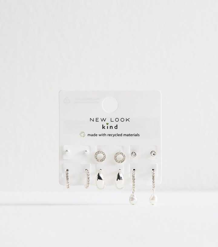 Silver Tone Pack of 6 Faux Pearl and Diamante Earrings