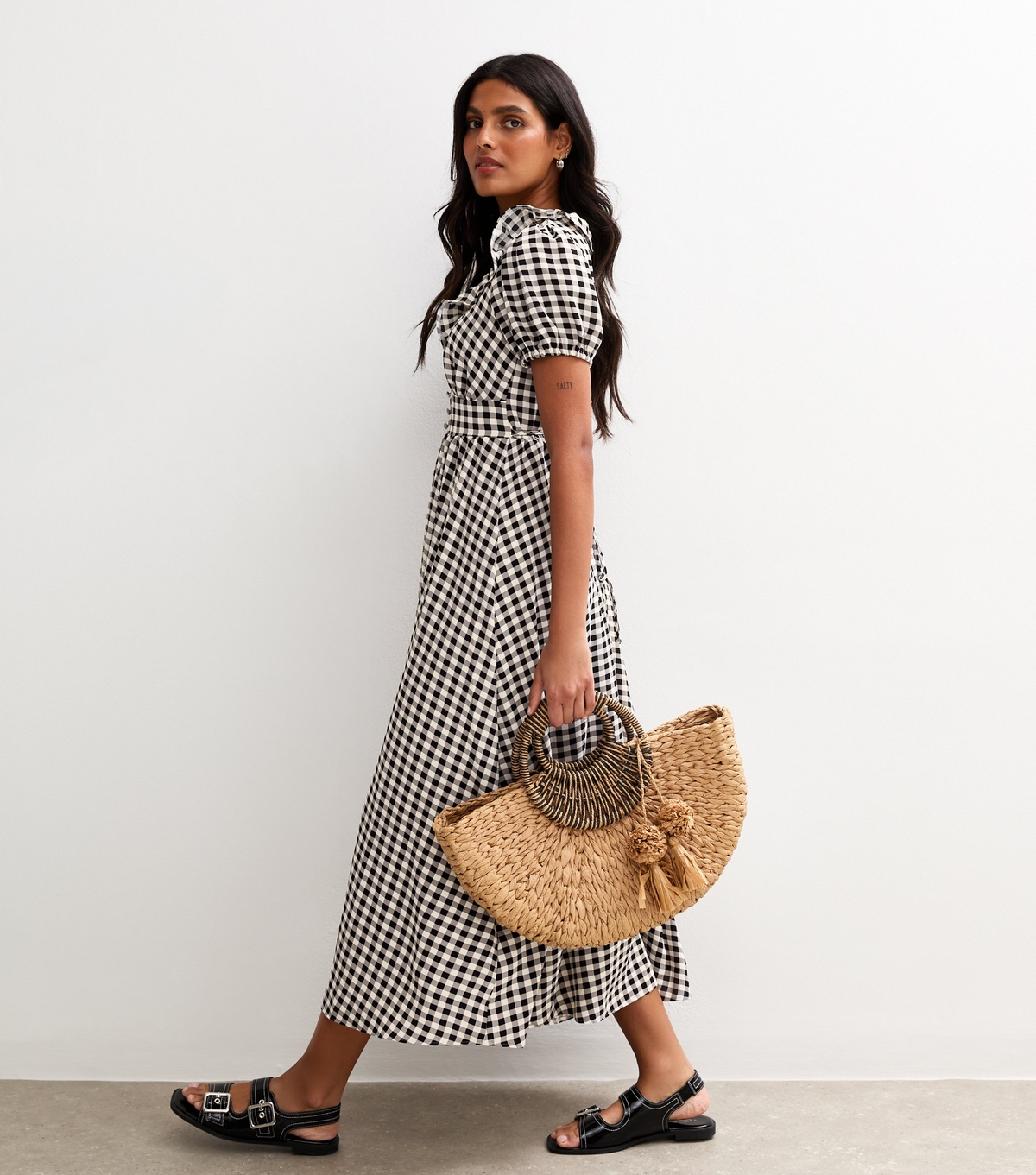 Women's Black Gingham Print Ruffle Trim Button Detail Tea Dress New Look