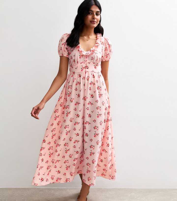 Pink Print Ruffle Trim Robe Pink Floral Print Ruffle Trim Midi Tea Dress | New Look
