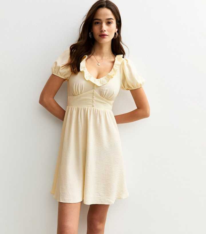 Cream Ruffle Trim Puff Sleeve Mini Dress