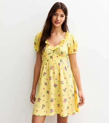 Yellow Ditsy Print Ruffle Trim Faux Button Mini Dress