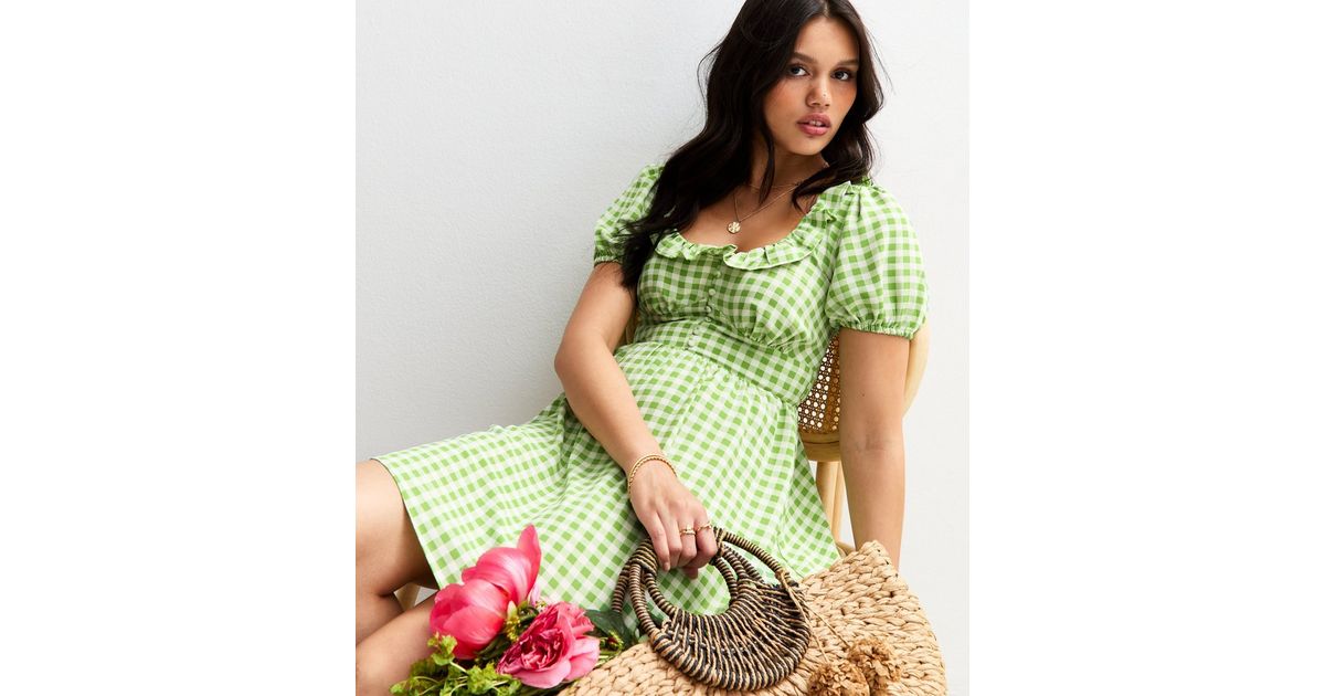 Green Gingham Ruffle Trim Mini Dress | New Look