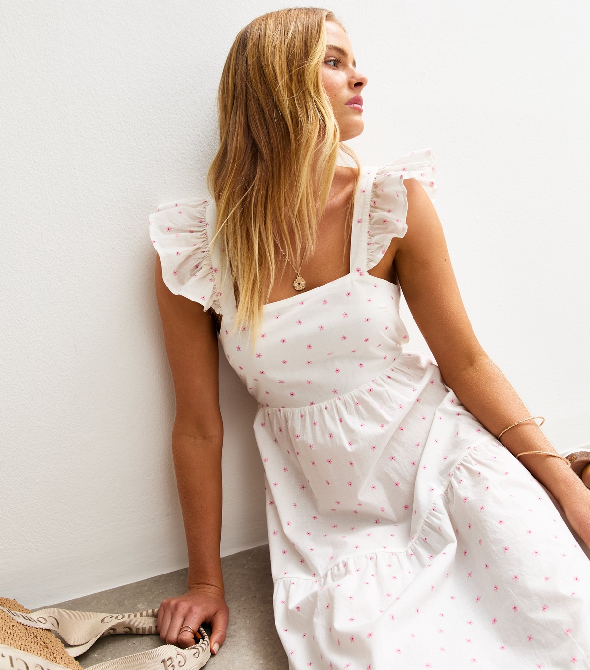 Women's White Floral Print Tie Back Tiered Midi Dress New Look