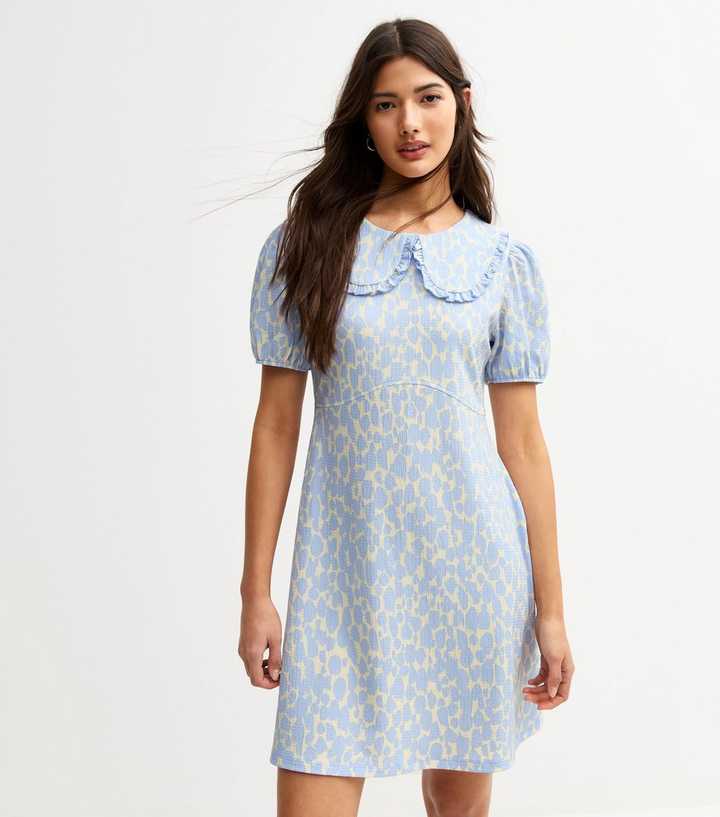 Blue Leopard Print Crinkle Texture Frill Collar Mini Dress