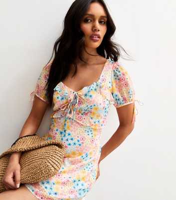 Pink Floral Print Tie Sleeve Chiffon Mini Dress