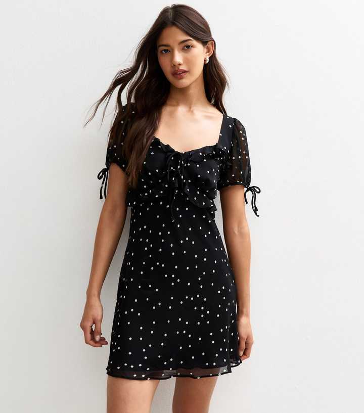 Black Polka Dot Bias Cut Chiffon Mini Dress
