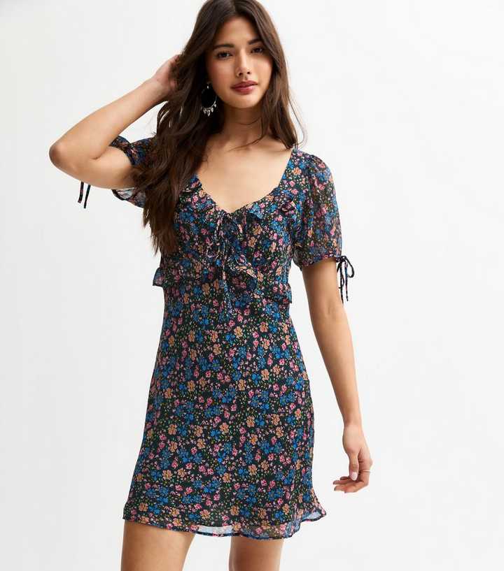 Black Floral Print Tie Sleeve Bias Cut Chiffon Mini Dress