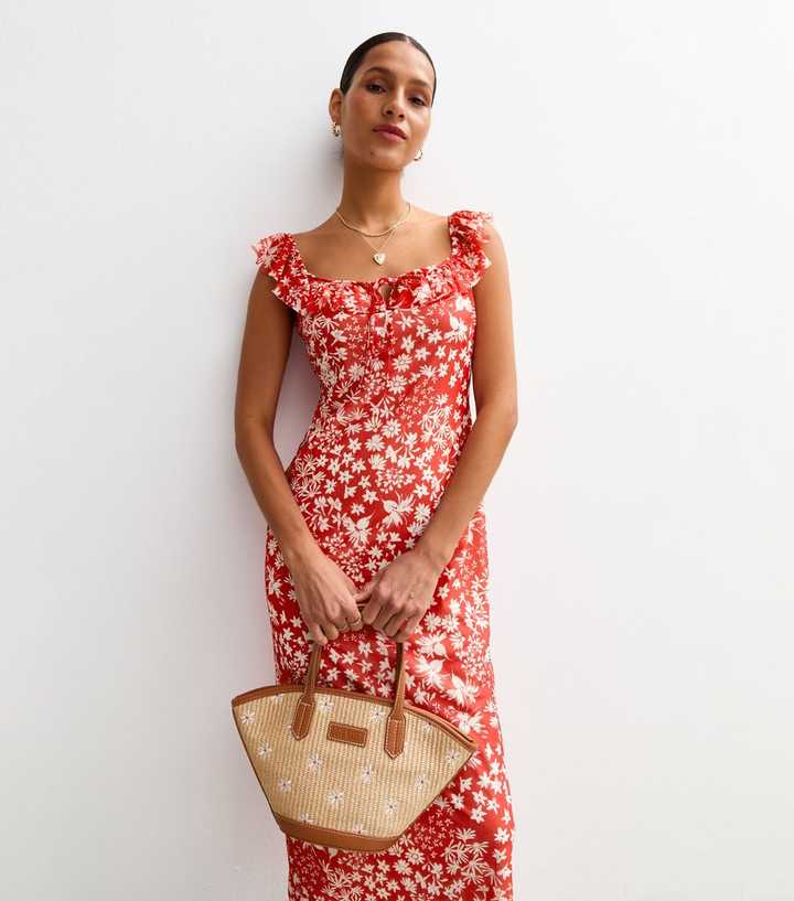 new look red floral dress Red Crinkled Floral Print Bow Back Midi Dress
