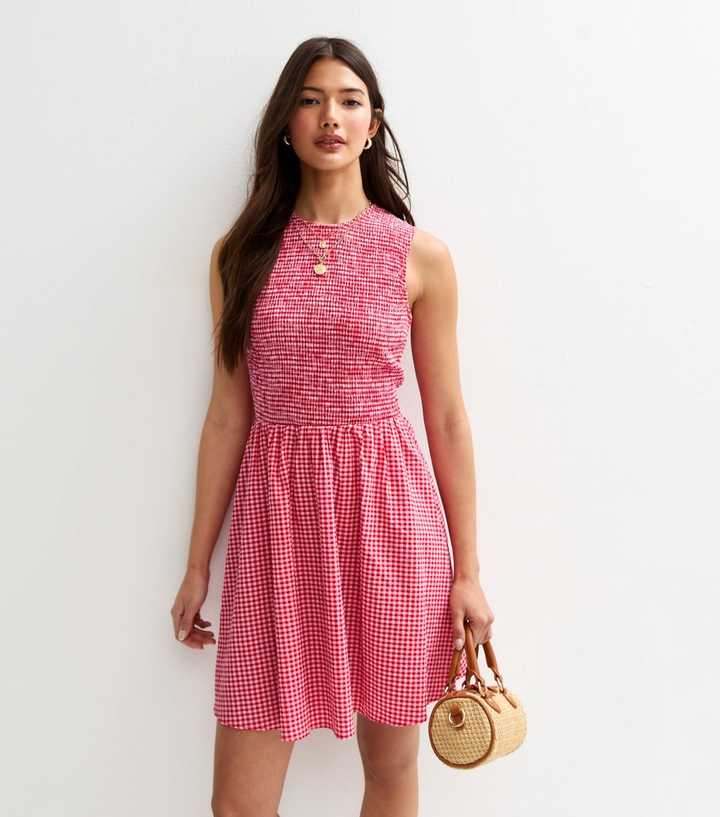 Red Gingham Shirred Mini Dress