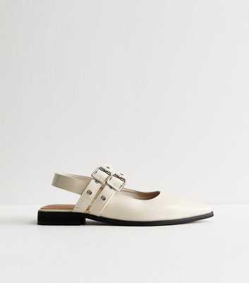 Off White Faux Leather Eyelet Strap Mary Jane Flats
