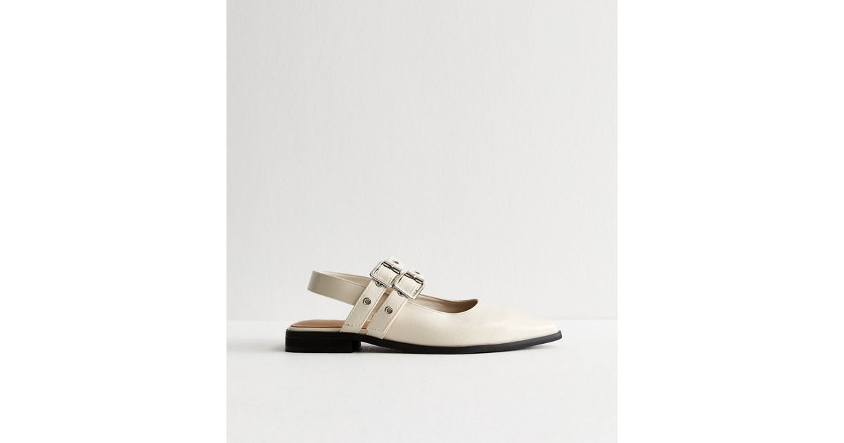 Off White Faux Leather Eyelet Strap Mary Jane Flats | New Look