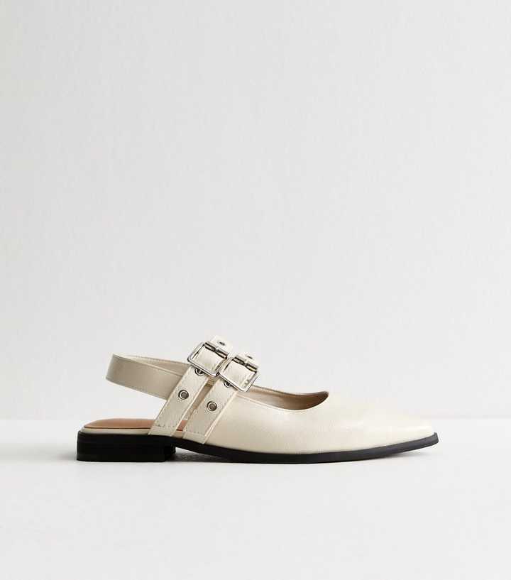 Off White Faux Leather Eyelet Strap Mary Jane Flats