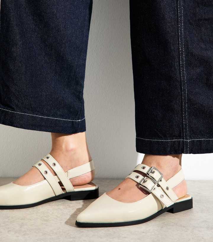 Off White Faux Leather Eyelet Strap Mary Jane Flats | New Look