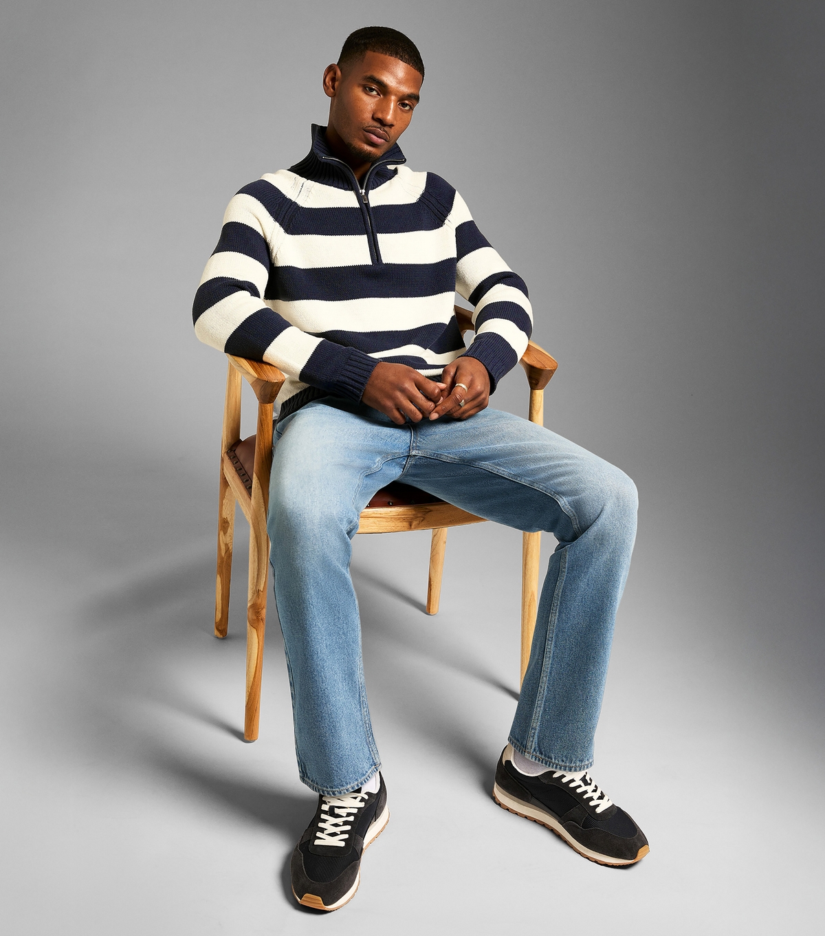 Men's Blue Regular Striped Quarter Zip Jumper New Look