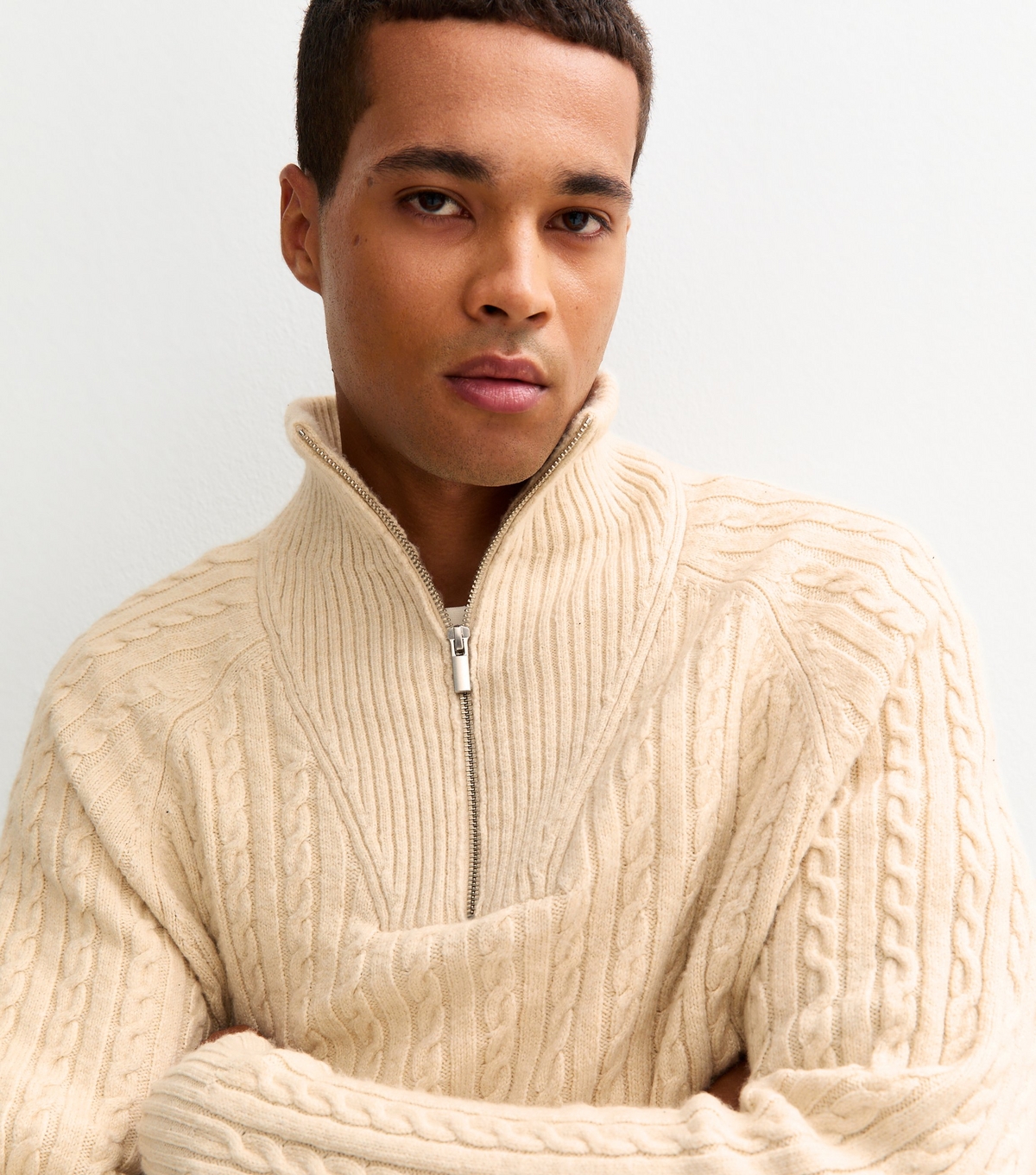 Men's Oatmeal Long Sleeve Cable Knit Quarter Zip Funnel Neck Jumper New Look
