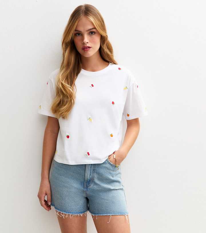 White Fruit Embroidered Boxy T-Shirt
