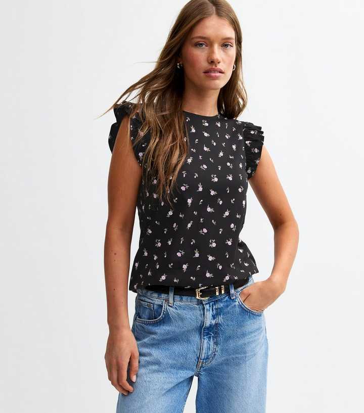 Black Jersey Floral Print Top
