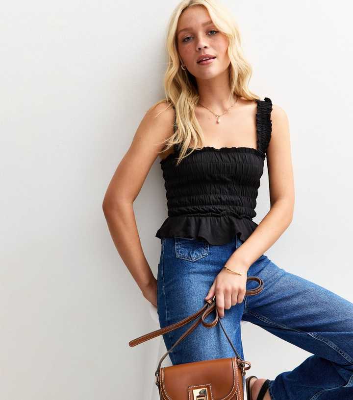 Black Floral Print Shirred Cami Top