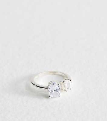 Silver Tone Cubic Zirconia Double Charm Ring