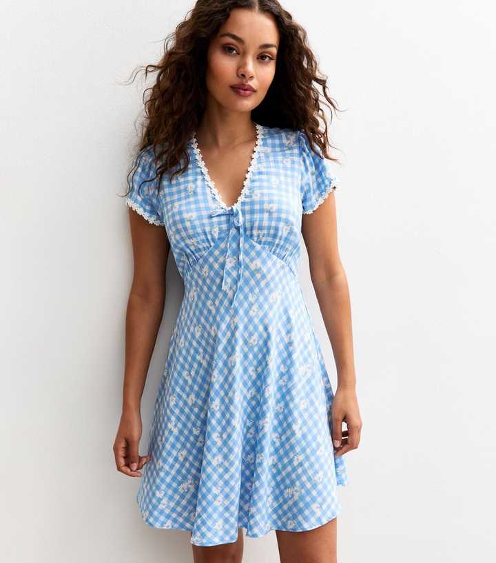 Petite Blue Floral Print Gingham Mini Smock Dress