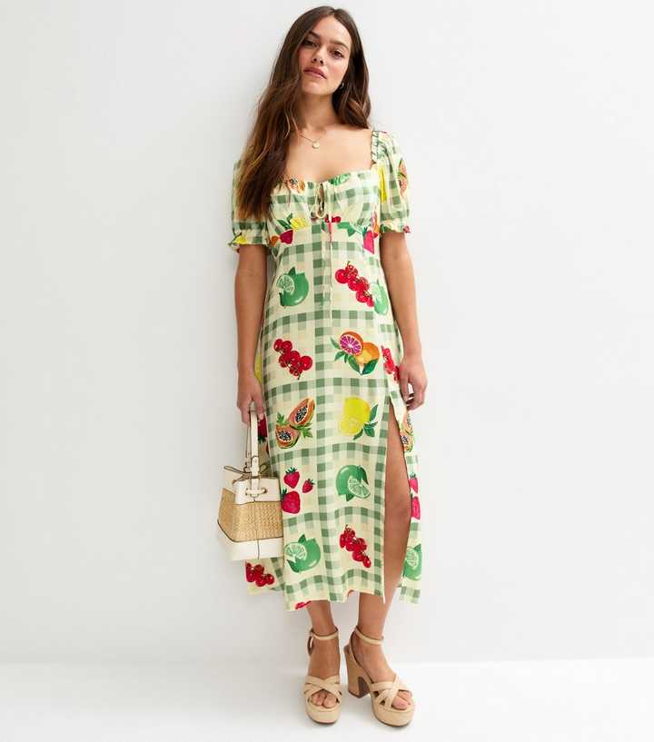 Petite White Fruit Print Slit Hem Midi Dress