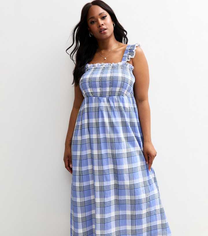 Curves Blue Check Shirred Frill Sleeve Midi Dress
