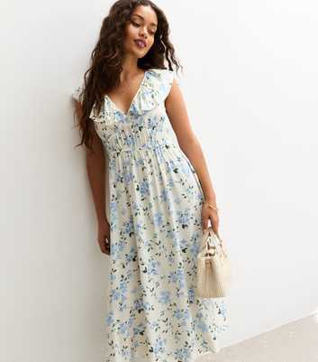 Petite Cream Floral Print Frill Collar Midi Dress
