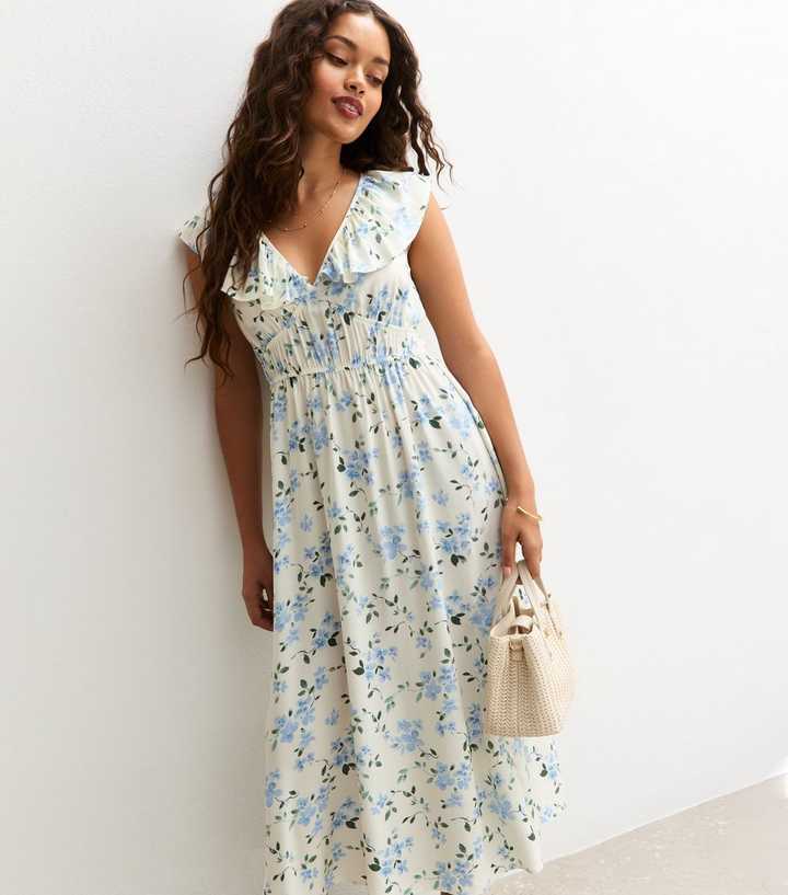 Petite Cream Floral Print Frill Collar Midi Dress