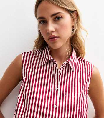 Red Poplin Striped Crop Sleeveless Shirt