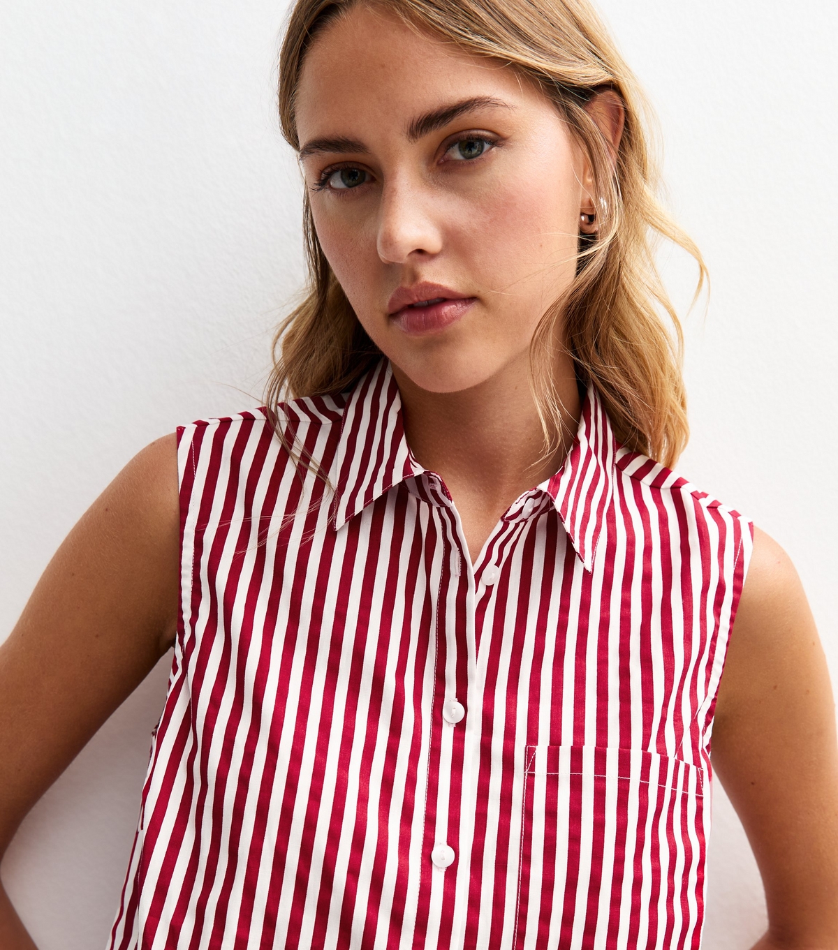 Women's Red Poplin Striped Crop Sleeveless Shirt New Look
