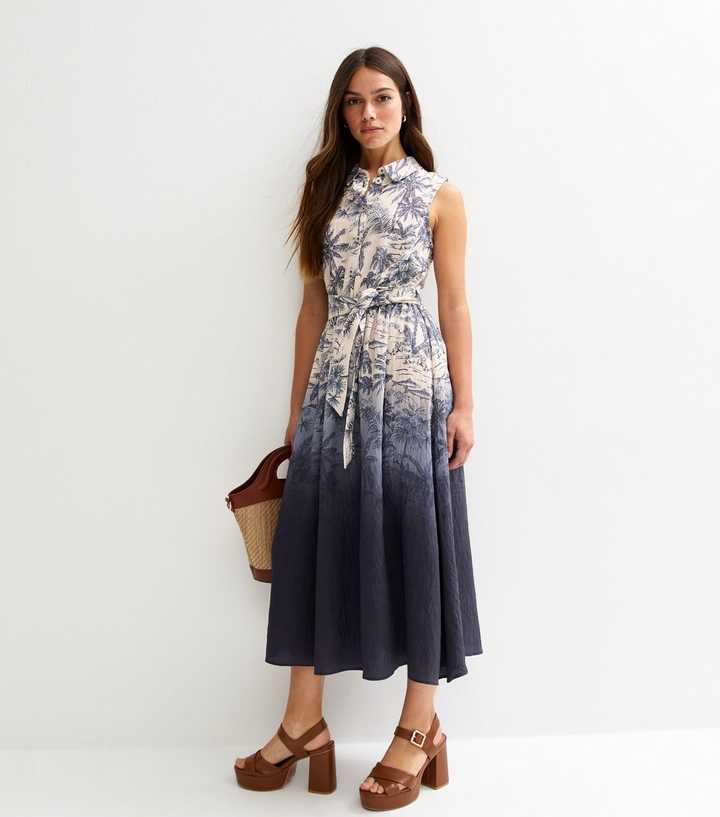 Petite Blue Palm Tree Print Ombre Midi Shirt Dress