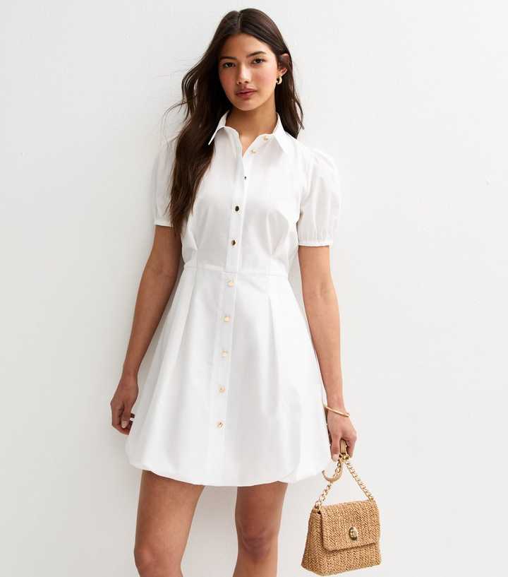 White Bubble Hem Mini Shirt Dress