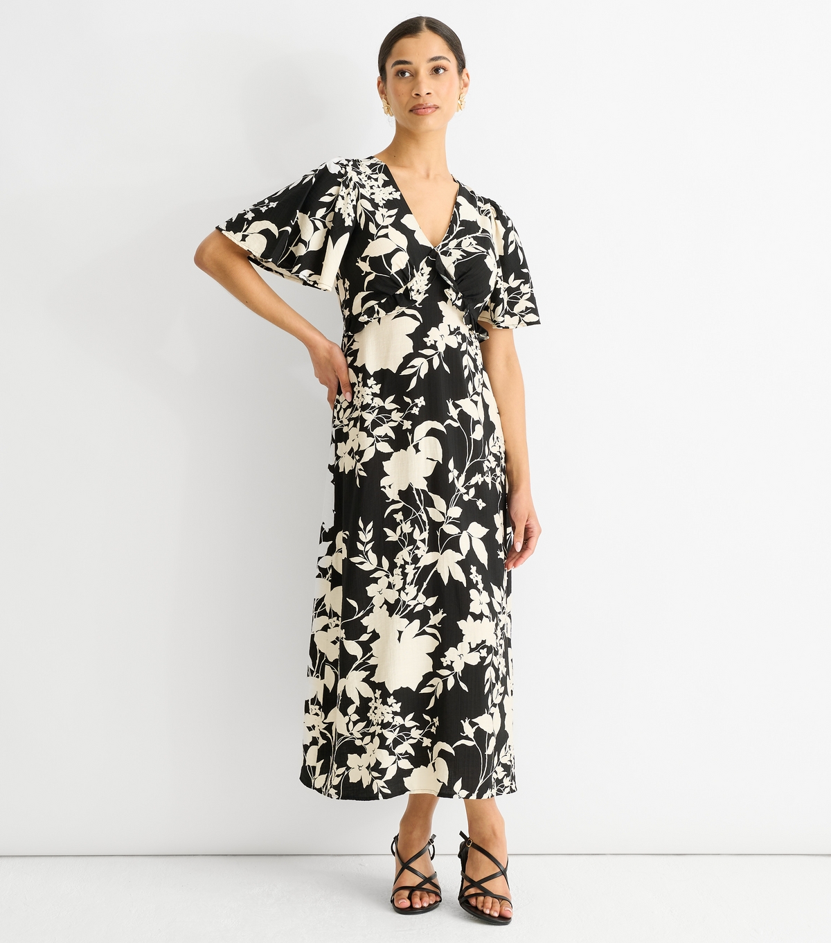 Women's Black Floral Print Ruffle Midi Wrap Dress Gini London New Look