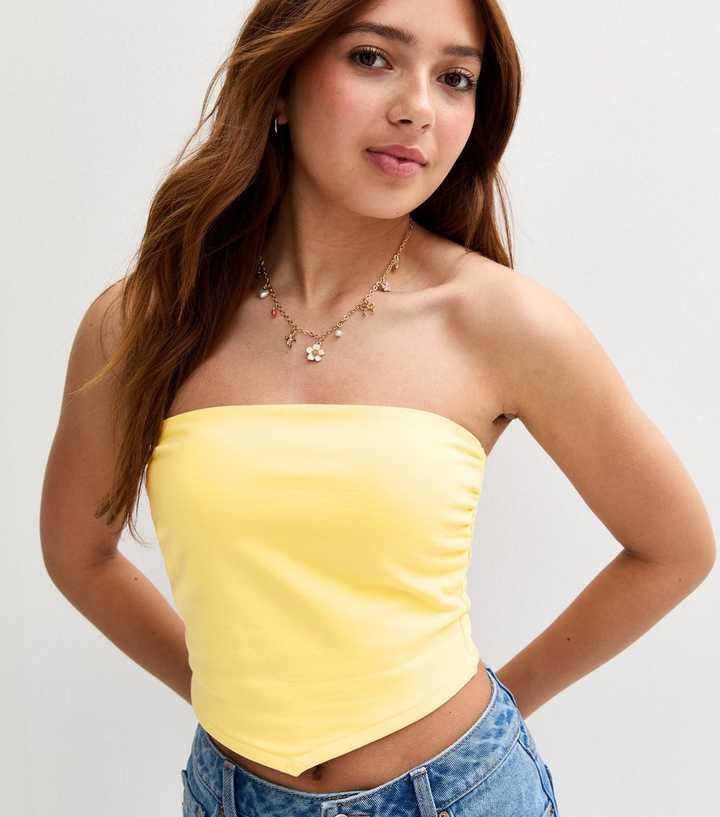 Girls Light Yellow Ruched Side Handkerchief Hem Top