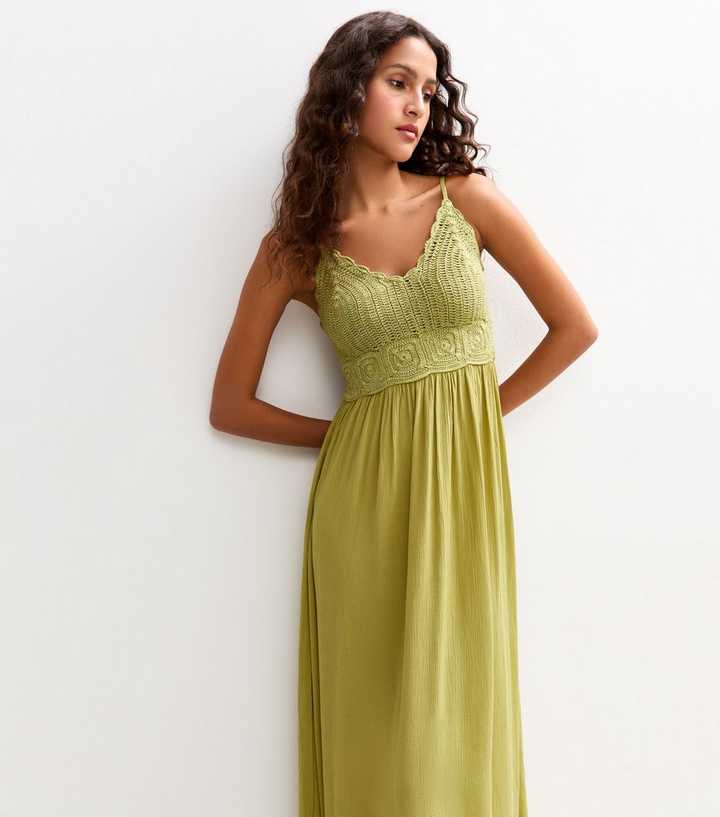 Khaki Crochet Bodice Maxi Dress