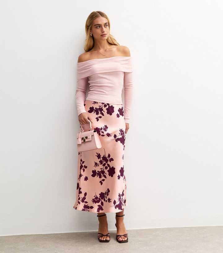 Pink Floral Print Satin Midi Skirt