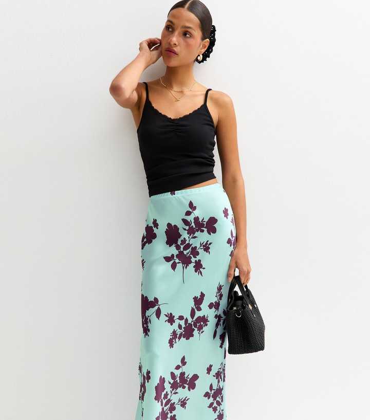 Blue Floral Print Satin Midi Skirt