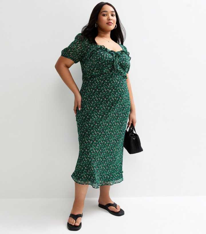 Curves Green Floral Print Chiffon Midi Dress