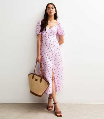 Pink Floral Print Puff Sleeve Tiered Midi Dress