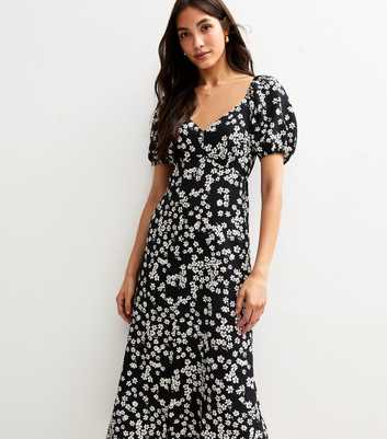 Black Floral Print Puff Sleeve Tiered Midi Dress