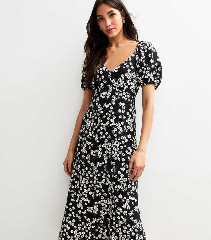 Black Floral Print Puff Sleeve Tiered Midi Dress
