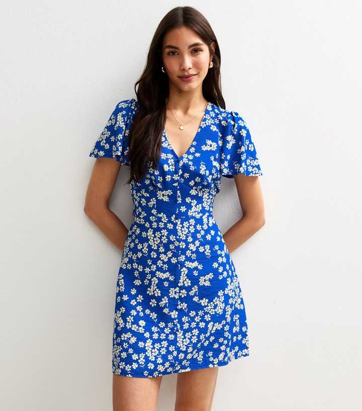 Blue Floral Print V-Neck Mini Dress