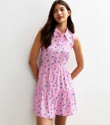Pink Floral Print Button Up Tiered Mini Dress