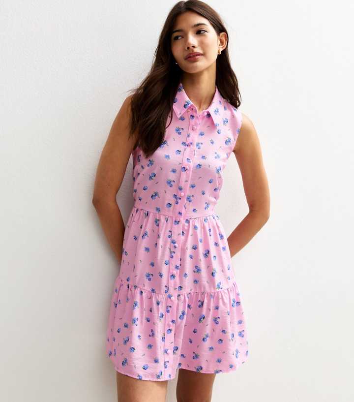 Pink Floral Print Button Up Tiered Mini Dress
